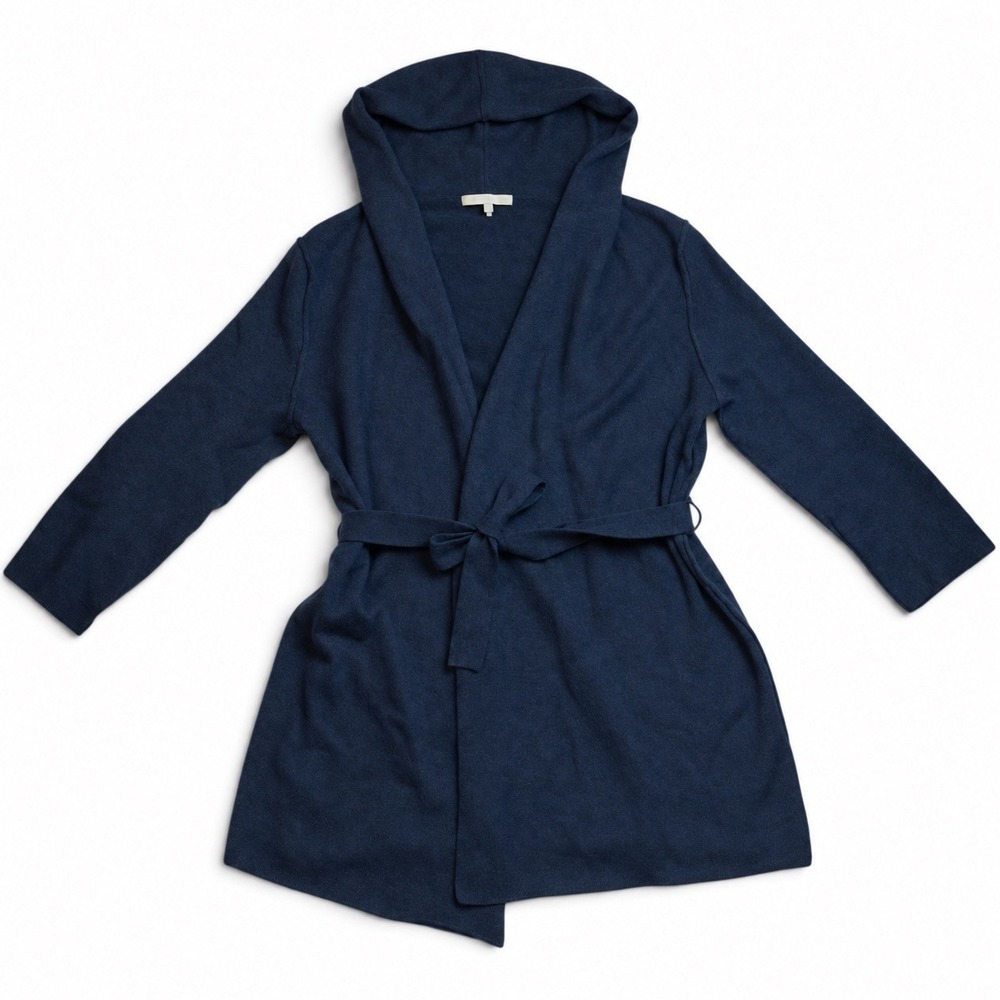 Naked Cashmere Cardigan Womens 1X Navy Blue 100% Cashmere Hooded Belted Longline